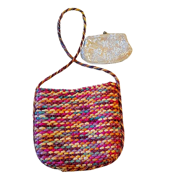 N/A Handbags - Lot of two purses: 1 beaded white clutch and 1 multicolored beach bag with strap